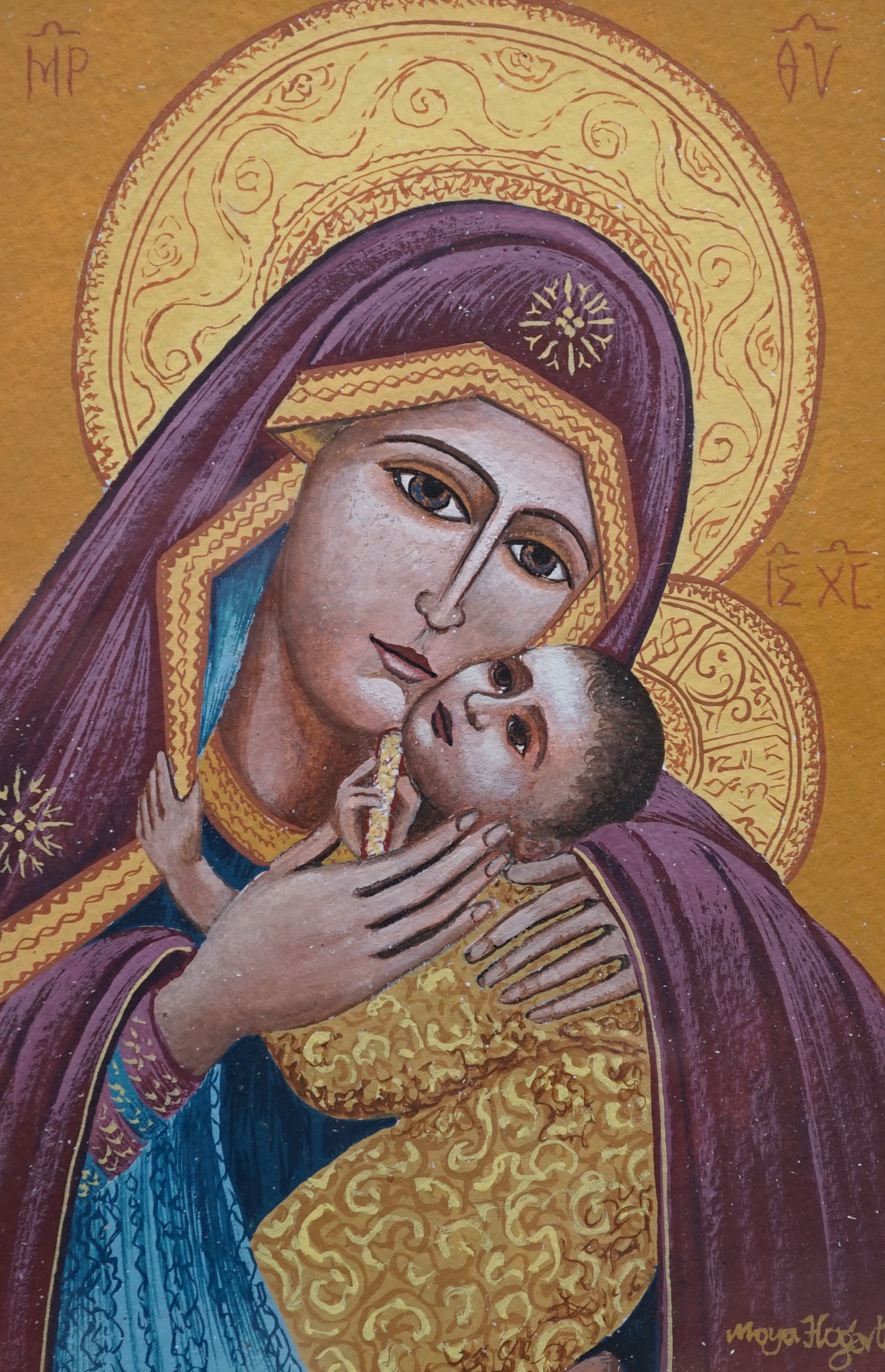 Moya Hogarth (21st C.), gouache on paper, Icon of Madonna and child, 14 x 9.5cm